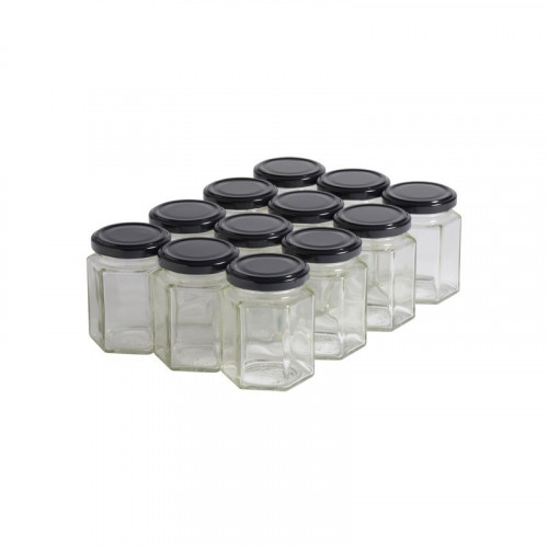 12 pots verre hexagonaux 250g (196 ml) avec couvercles TO 58