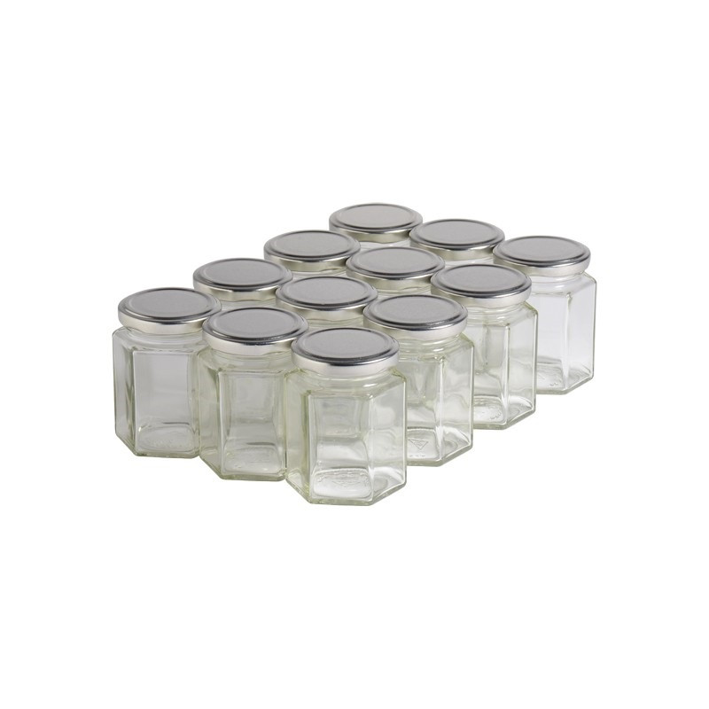 12 pots verre hexagonaux 250g (196 ml) avec couvercles TO 58